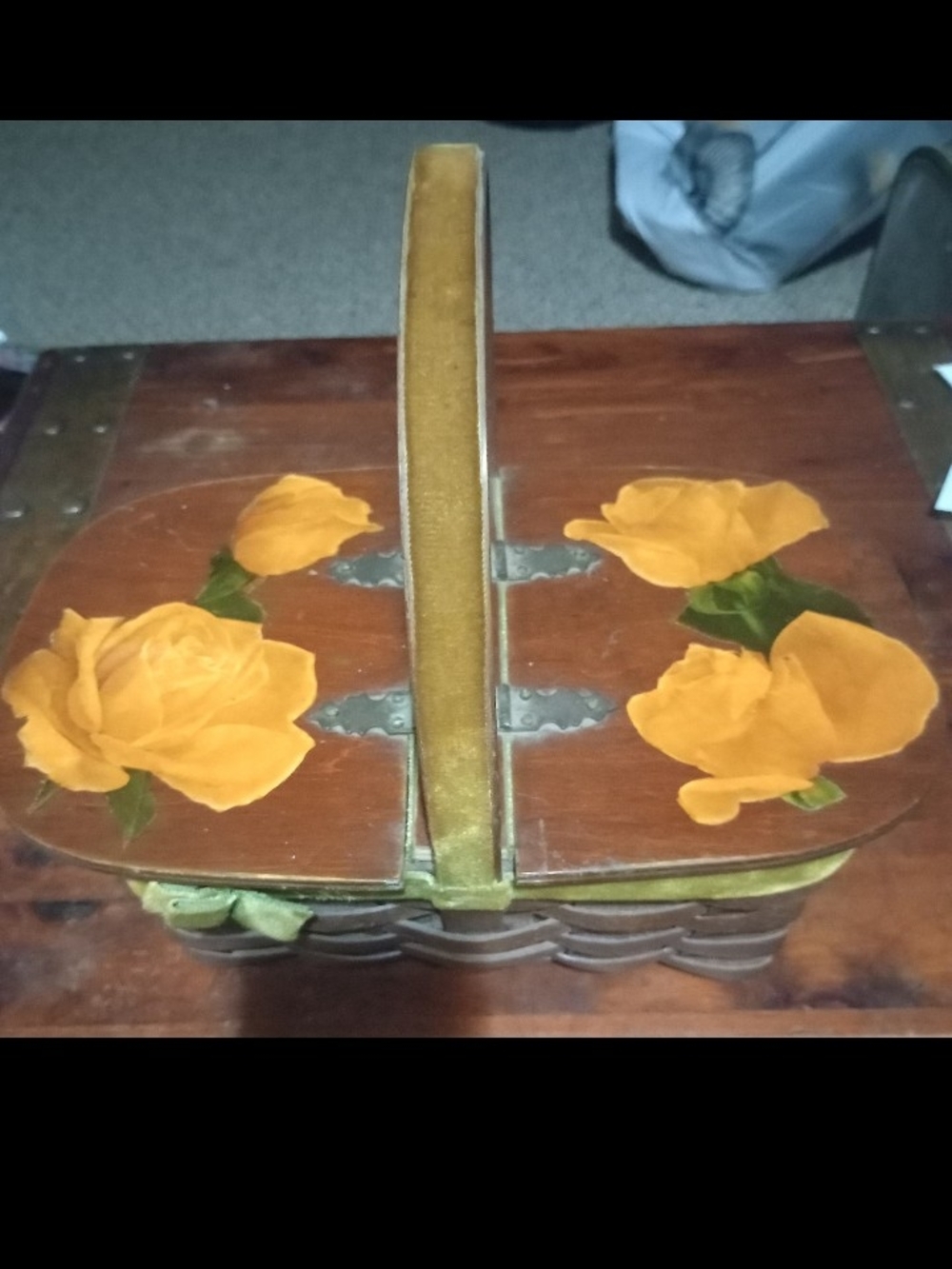 Vintage Wooden Sewing Basket with Yellow Rose Design
